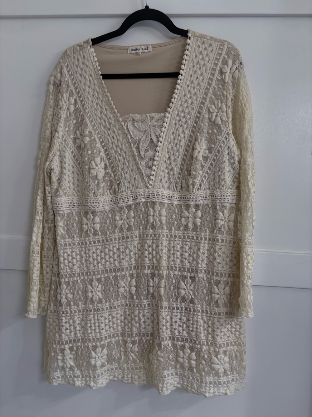 indigo soul Cream Crochet V-Neck Mini Dress